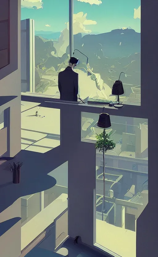 Prompt: office in heaven, surreal illustration, by atey ghailan and escher and edward hopper