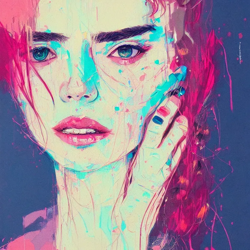 Image similar to close up portrait painting of a female in nineties street styling, concept art, intricate details, aesthetically pleasing pastel colors, art by conrad roset, impressionism, portrait