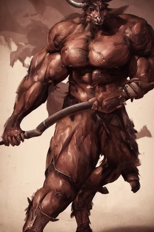 Image similar to anthropomorphic muscled bull warrior, Artstation