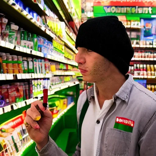 Image similar to beelzebub smoking a joint cigarette in a 7 - 1 1 store