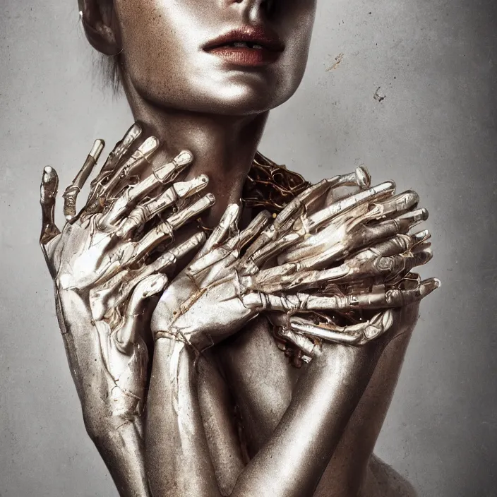 Prompt: beautiful woman catwalk fashion, photorealism, white detail plastic biomechanical with gold, copper, bronze, chrome by lee jeffries, erik johansson, h. r. giger, supersampled, 8 k, beautify
