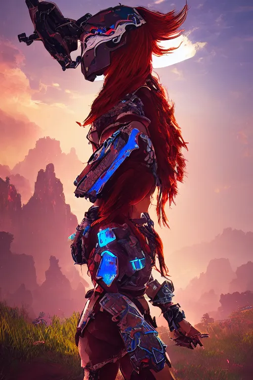 Image similar to combination suit armor aloy horizon forbidden west horizon zero dawn radiating a glowing aura global illumination ray tracing hdr fanart arstation by ian pesty and alena aenami artworks in 4 k tribal robot ninja mask helmet backpack