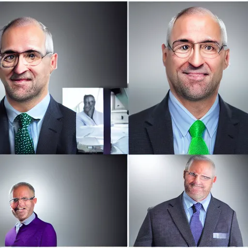 Prompt: corporate portrait, senior sales director, purple green color scheme, professional studio lighting, hyperreal detailed lifelike facial features, corporate portraiture, headshot,