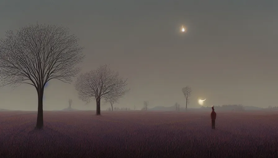 Image similar to solar eclipse, open field, one tree, simon stalenhag