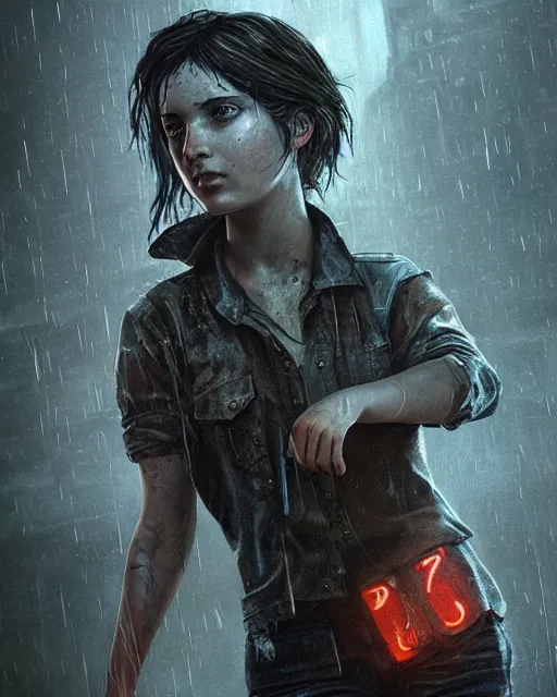 Prompt: An epic fantasy comic book style portrait painting of a very beautiful imposing Industrial goth Ellie (The Last of Us) in the rain, wet hair, neon reflections, character design by Mark Ryden and Pixar and Hayao Miyazaki, unreal 5, DAZ, hyperrealistic, octane render, cosplay, RPG portrait, dynamic lighting, intricate detail, cinematic