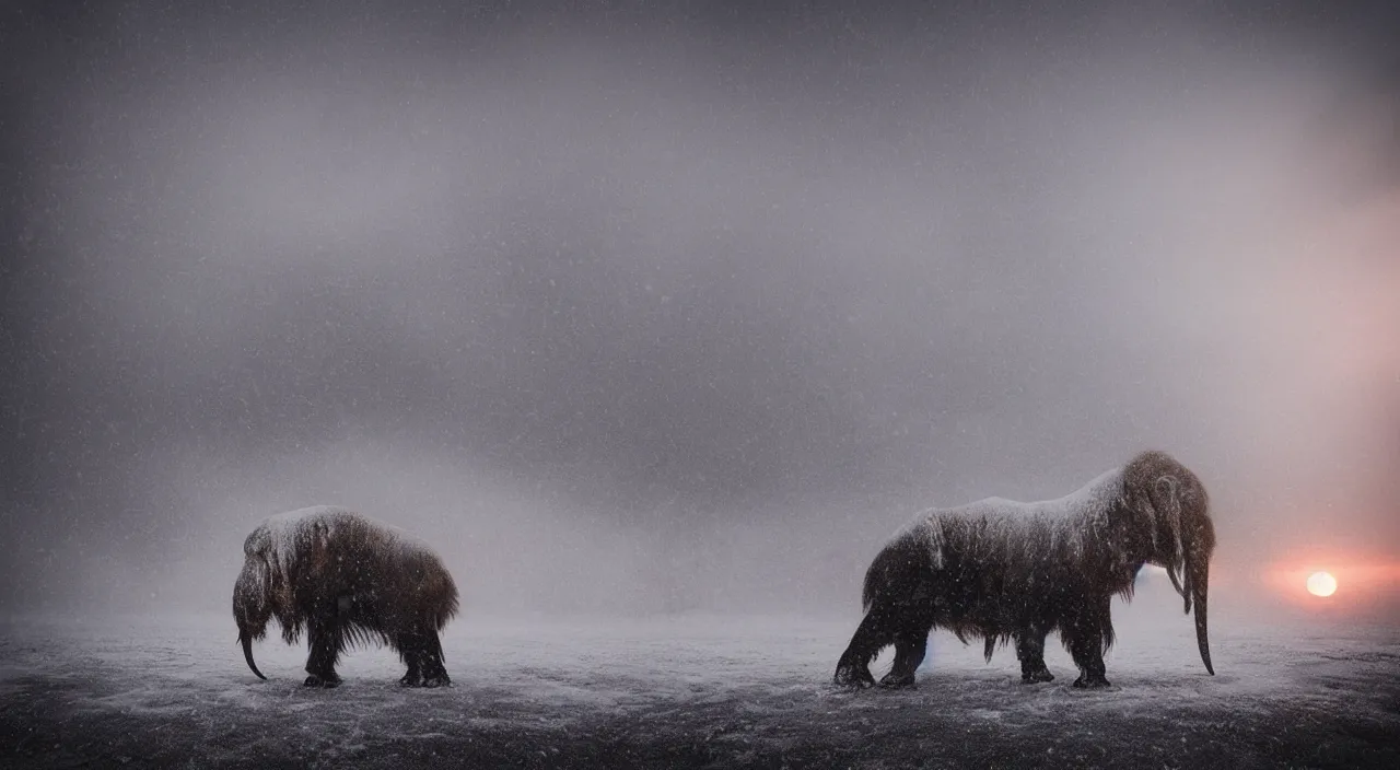 Prompt: “photo of a mechanical mammoth in an arctic storm, fog, snow storm, cold sunset, wind , ice, photoreal”