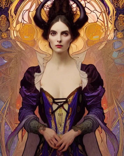 Image similar to wlop and alfons mucha detailed portrait digital rococo painting of a beautiful serious cat wearing fantasy clothing like liliana vess, villainess has black angel wings, evil mood, hellish battlefield in the background, unreal engine, embers flying, hyper realism, realistic shading, cinematic composition, blender render, octane render, ultrawide shot