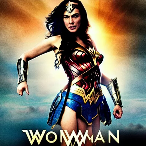 Image similar to wonder woman movie poster but with a chubby Gegia face