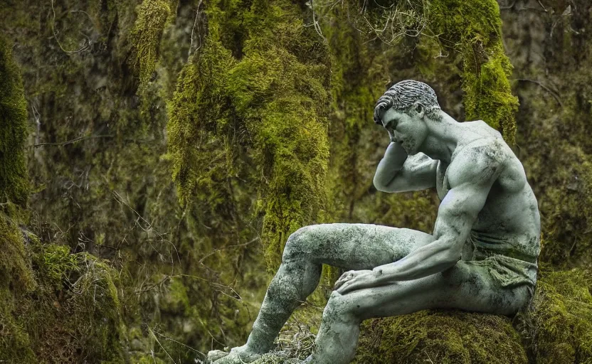Image similar to a mossy marble statue of Cristiano Ronaldo abandoned in the middle of a forest near a lake at sunset by Greg Rutkowski, concept art, godrays, complementary colors, calm, relaxing, beautiful landscape, highly detailed, high quality, 4k HDR, path tracing, serene landscape, high coherence, soft lighting