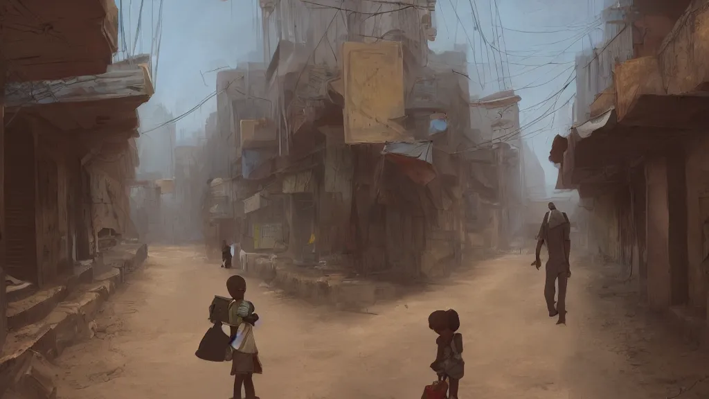 Image similar to alley in a big african city, a lonely kid, summer, david febland, artstation, matte painting