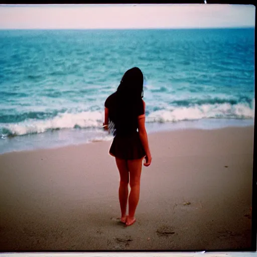 Image similar to a film photo of woman at a beach, Kodak gold 200 film