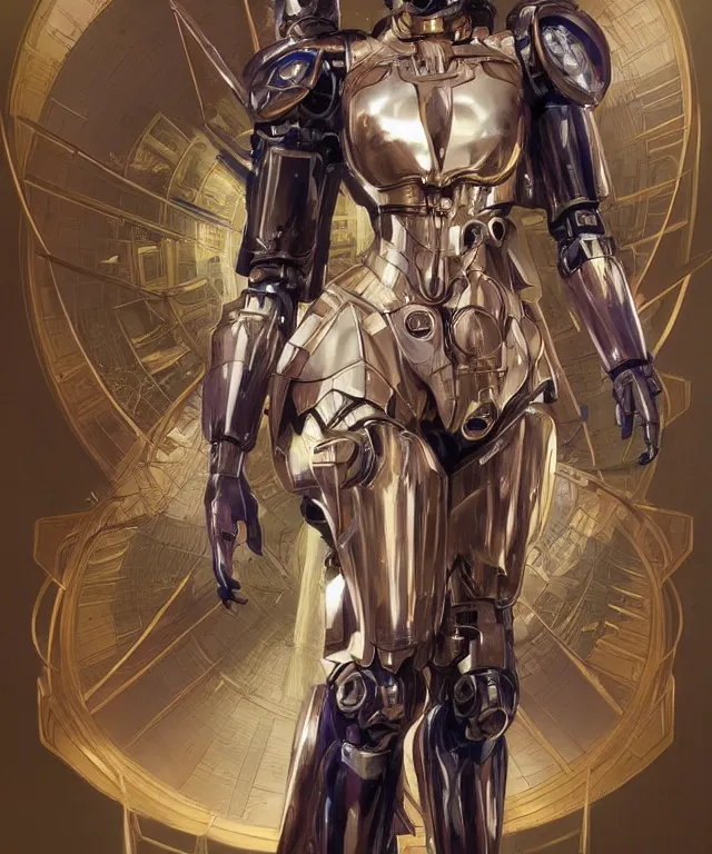 Image similar to fantasy magic portrait of a humanoid mecha cyberpunk! goddess art by artgerm and greg rutkowski and alphonse mucha, rule of thirds, golden ratio, Art Nouveau cyberpunk! style, mechanical accents!, mecha plate armor,long hair, fantasy, intricate, elegant, highly detailed, digital painting, artstation, concept art, smooth, sharp focus, flowing wires with leaves, rich deep moody colors