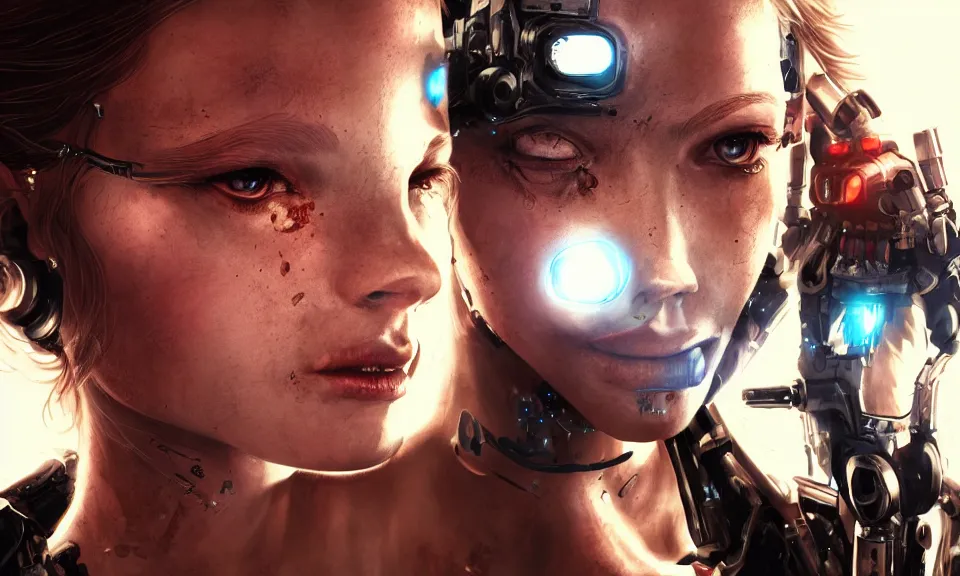 Image similar to a beautiful young girl with a cyborg body Fight with terminator, fine details, cyberpunk, realistic shaded Perfect face ,featured in cinematic, elegant, highly detailed,artstation,illustration, 8k