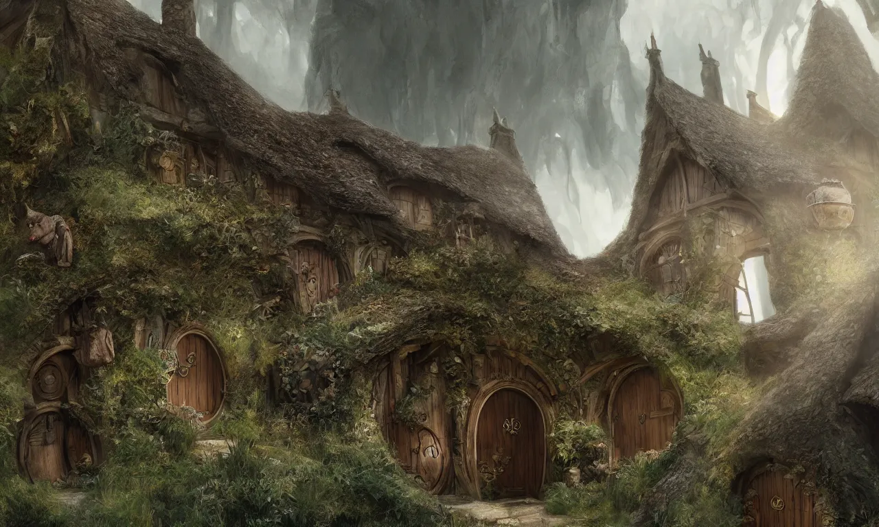 Image similar to The house of the Hobbit Bilbo Baggins, highly detailed, digital painting, artstation, concept art, smooth, sharp focus ilustration, Artstation HQ