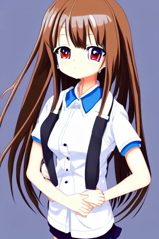 Image similar to full body anime portrait of a cute android girl round eyes long hair dressed in a school uniform inside the school, stunning, highly detailed, anatomically correct