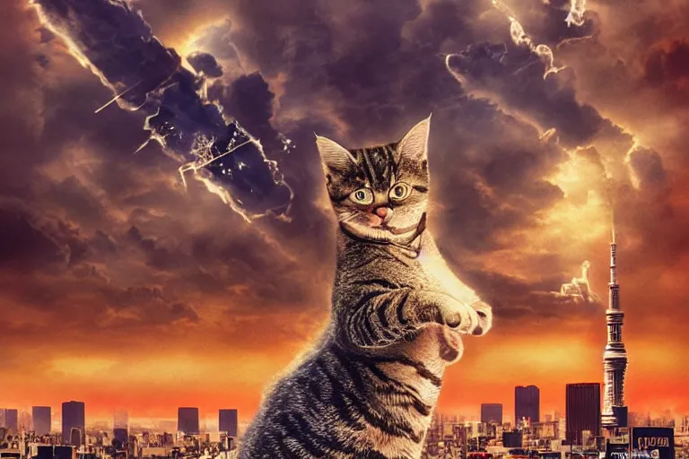 Image similar to cat attacking Tokyo, disaster movie poster, masterpiece, masterwork, cgstudio