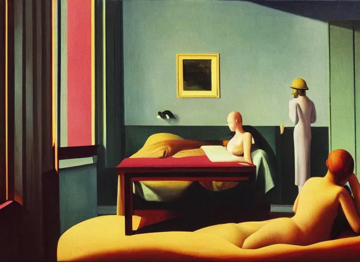 Image similar to two people in a surreal hotel room in afternoon light, open ceiling, oil painting by edward hopper, chirico and rene magritte