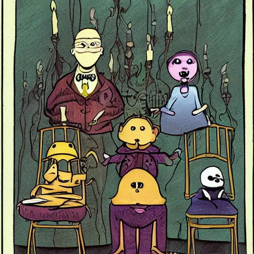 Image similar to a group of cartoon characters standing around a chair, a storybook illustration by tony diterlizzi, deviantart contest winner, gothic art, storybook illustration, official art, tarot card