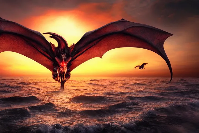 Image similar to beautiful occult dragon flying over the sunset on a beach, trending on Artstation, visually stunnning, matte painting, award-winning