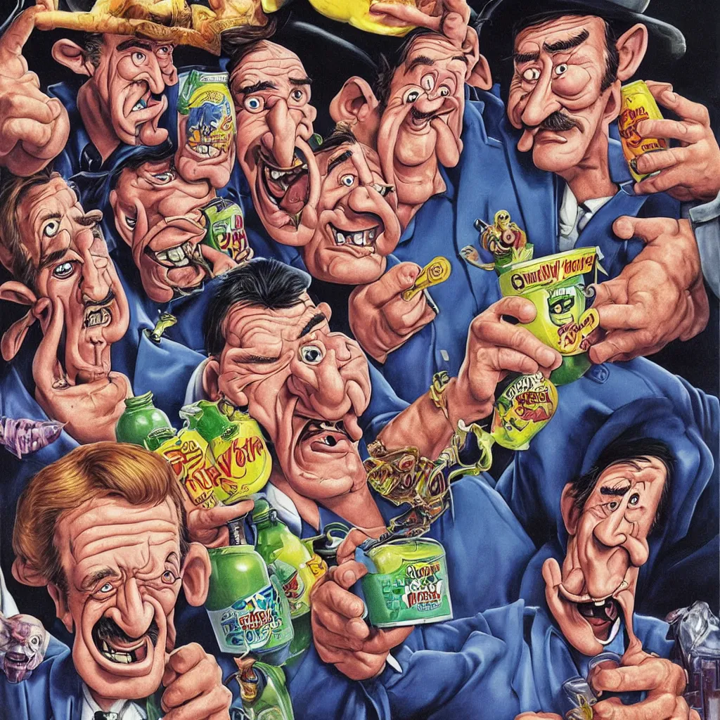 Image similar to promotional art for the movie'unless you hate bullruns ', barry chuckle preparing a batch of purple oil drink, hyperreal detailed facial features and uv lighting, art by ed roth and basil wolverton