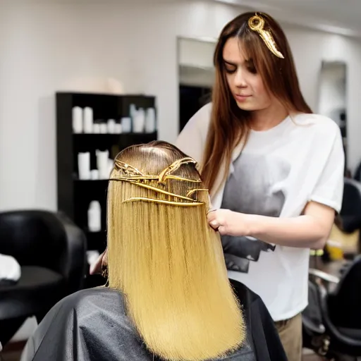 Prompt: attractive man with a golden crown with shiny and silky long hair getting hair styled in salon named the hair queen, polaroid