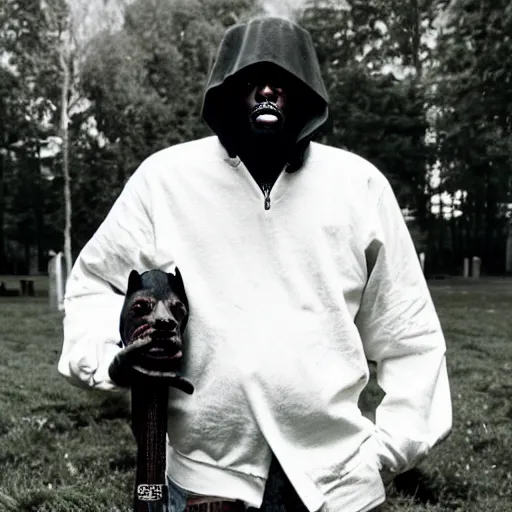 Prompt: MF DOOM standing in a graveyard with a dug up coffin, studio photograph