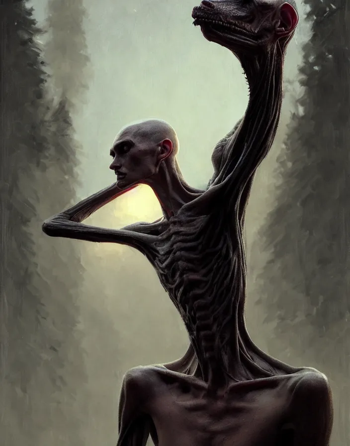 Prompt: epic portrait cinematic shot an skinny tall creature with long arms, long neck, bald, covered in dark substance, fine details. night setting. realistic shaded lighting poster by craig mullism, artgerm, jeremy lipkin and michael garmash, unreal engine, radiant light, detailed and intricate environment, digital art, trending on art station,