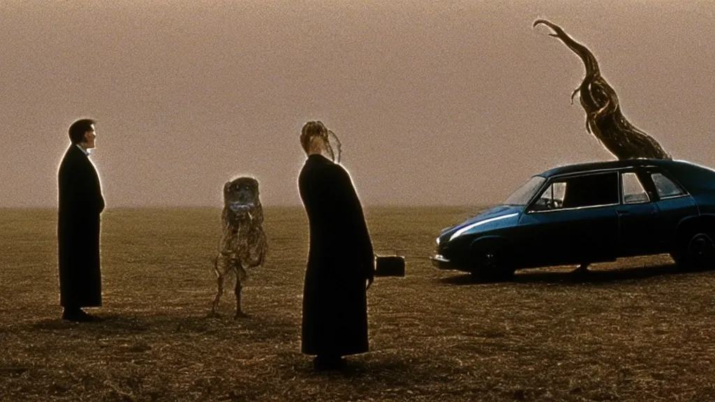 Image similar to the strange creature sells a used car, film still from the movie directed by denis villeneuve and david cronenberg with art direction by salvador dali and zdzisław beksinski, wide lens