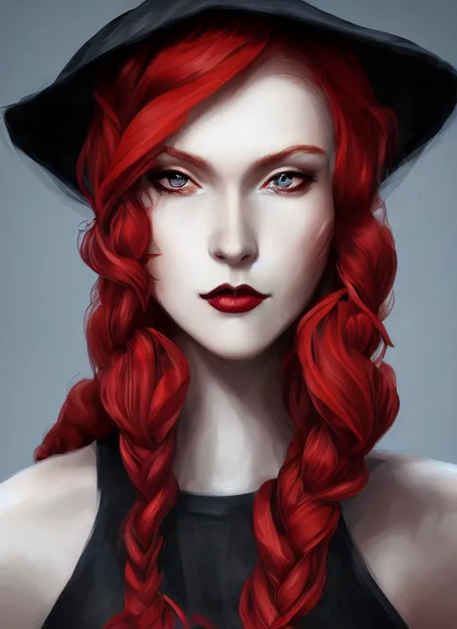 Image similar to a highly detailed illustration of tall beautiful red haired lady wearing black noir dress and black sun hat, dramatic smile pose, perfect face, perfect body, perfect eyes, intricate, elegant, highly detailed, centered, digital painting, artstation, concept art, smooth, sharp focus, league of legends concept art, wlop.