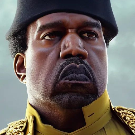 Image similar to kanye west as muammar kadhafi as emperor napoleon in fallout, splash art, movie still, detailed face, cinematic lighting, dramatic, octane render, long lens, shallow depth of field, bokeh, anamorphic lens flare, 8 k, hyper detailed, 3 5 mm film grain