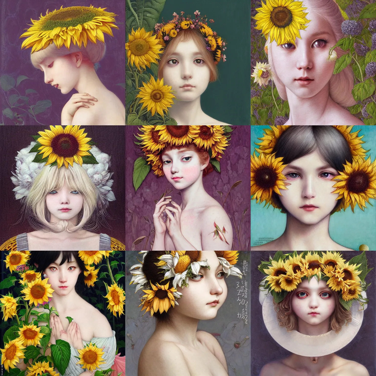 Image similar to white cat girl, botanical, sunflower, portrait face, colorful, frantisek kupka, intricate, miles johnston, kuroda seiki, cynical realism, ozabu, john william godward, painterly, yoshitaka amano, moebius, miles johnston, louise zhang, james jean, mark ryden lowbrow pop surrealism art style