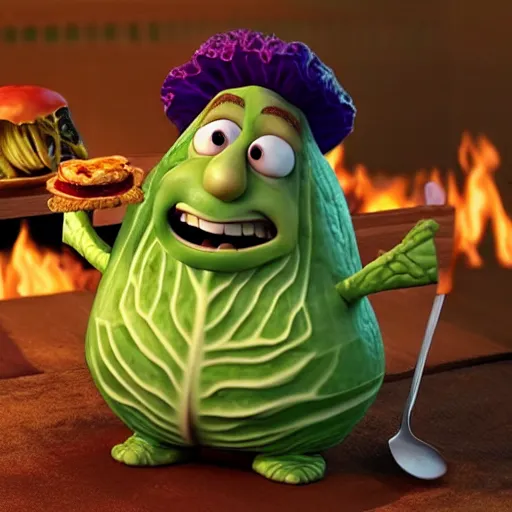 Image similar to cabbage character and king with crown, cooking pizza in a wood fired oven, highly detailed 3 d render, funny, pixar