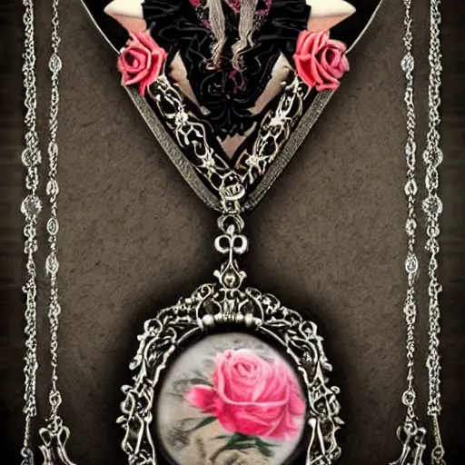 Image similar to gothic style necklace of a vampiress on a rose throne walks in dark beauty with ornamental garments with artnouveau framed bezel highly detailed