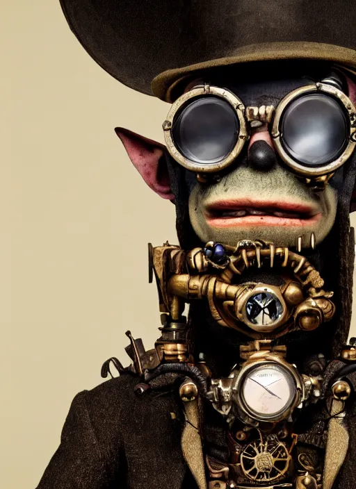 Image similar to closeup portrait of a steampunk medieval goblin wearing a top hat and goggles, depth of field, zeiss lens, detailed, symmetrical, centered, fashion photoshoot, by Annie Leibovitz and Steve McCurry, David Lazar, Jimmy Nelsson, Breathtaking, 8k resolution, extremely detailed, beautiful, establishing shot, artistic, hyperrealistic, beautiful face, octane render