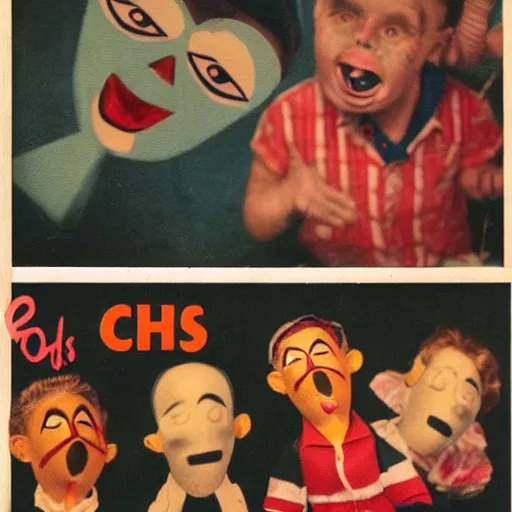 Image similar to 1 9 5 0 s children puppets on strings attacking viewer, angry face, scary, fear, horror, thriller, cinematic still, jumping towards viewer, jump scare, pov, wide shot, polaroid,
