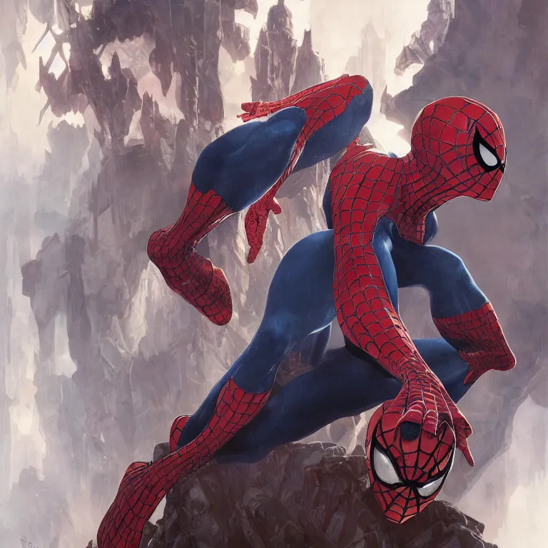 Image similar to portrait of spiderman, D&D, fantasy, highly detailed, digital painting, artstation, smooth, sharp focus, illustration, art by artgerm and greg rutkowski and alphonse mucha