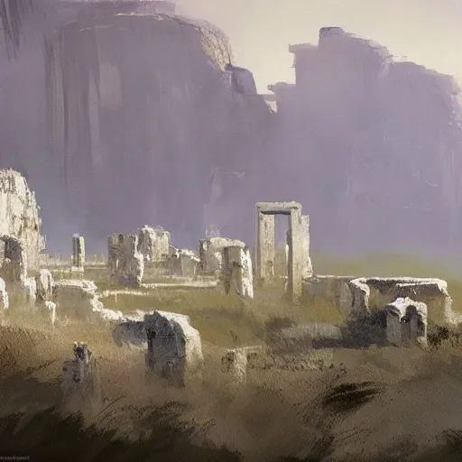 Image similar to concept art by craig mullins : an italian landscape, in the distance a small mesa of white marble can be seen. a stone henge is standig atop of the cliff