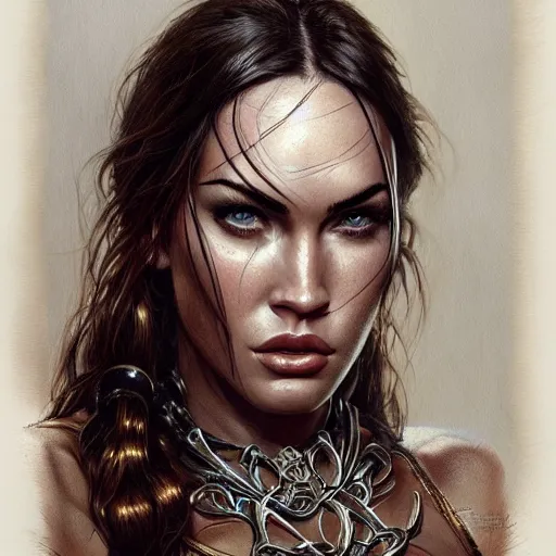 Prompt: portrait of megan fox, muscular upper body, slave collar, bikini, fantasy, intricate, elegant, highly detailed, digital painting, artstation, concept art, matte, sharp focus, illustration, art by aenaluck and roberto ferri and greg rutkowski, epic fantasy, digital painting