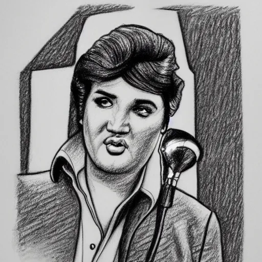 Image similar to a pencil sketch of Elvis drawn by Robert Crumb