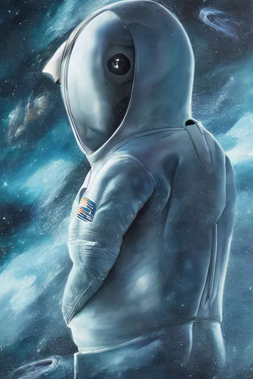 Image similar to dolphin shaped astronaut suit, dolphin, oil on canvas, intricate, portrait, 8 k highly professionally detailed, hdr, cgsociety