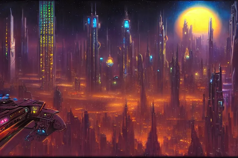 Prompt: a scifi illustration, Night City on Coruscant by ralph horsley