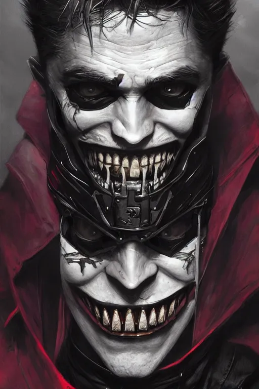 Image similar to Portrait of Robert Pattinson as The Batman Who Laughs, dc comics, dark, intricate, highly detailed, smooth, artstation, digital illustration by Ruan Jia and Mandy Jurgens and Artgerm and Wayne Barlowe and Greg Rutkowski and Zdislav Beksinski