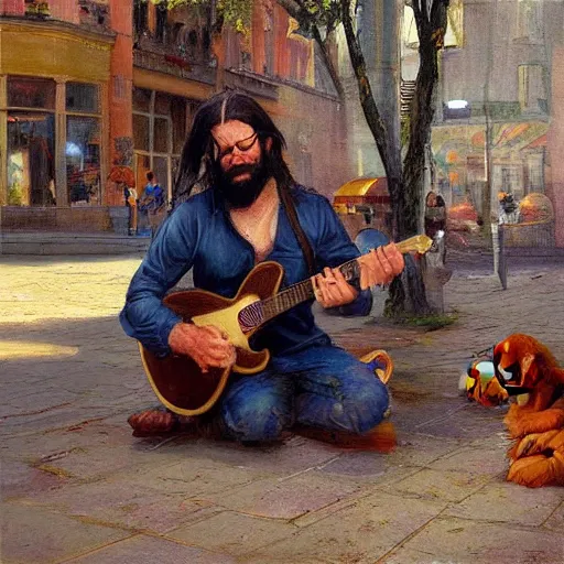 Image similar to oil painting of a man with long hair and a beard with his golden retrever dog playing guitar in the square for money, by greg rutkowski, artstation