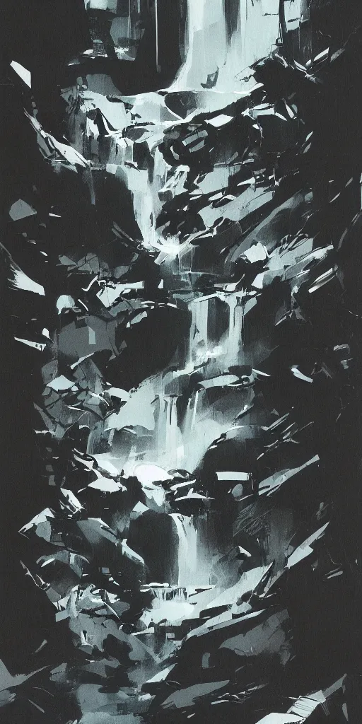 Image similar to eerie waterfall, ashley wood illustration