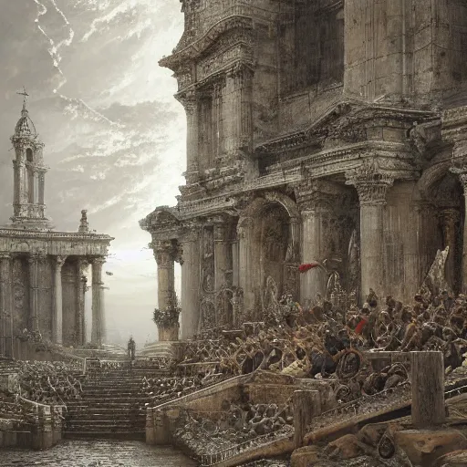 Image similar to the holy kingdom of Julius Caeser, roman historic works, ruins, silver and gold, hyperdetailed, artstation trending, world renowned artists, worth1000.com, historic artworks society, antique renewel, cgsociety, by greg rutkowski, by Gustave Dore, Deviantart