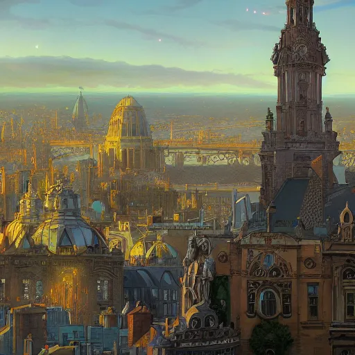 Image similar to Dublin skyline, fantasy, intricate, elegant, highly detailed, digital painting, artstation, concept art, smooth, sharp focus, illustration, art by artgerm and greg rutkowski and alphonse mucha