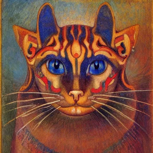 Image similar to cloisonne cat head, by annie swynnerton and diego rivera and nicholas roerich and jean delville, symbolist, dramatic lighting, god rays, elaborate geometric ornament, art brut, rich colors, smooth, sharp focus, extremely detailed, adolf wolfli and ( donato giancola )