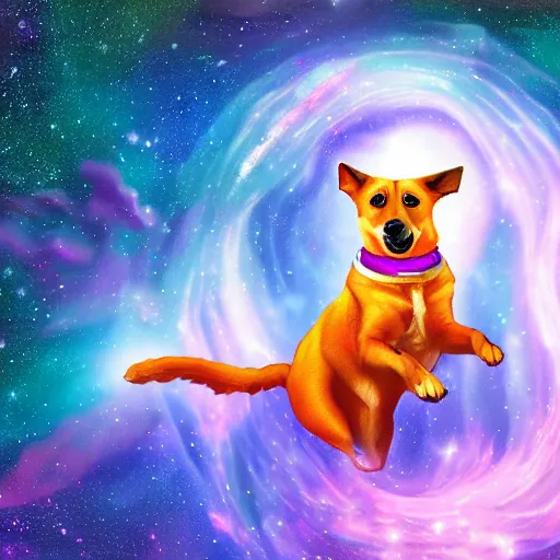 Image similar to digital painting of dog floating and pooping in space, nebula background, beautiful, hyper detailed