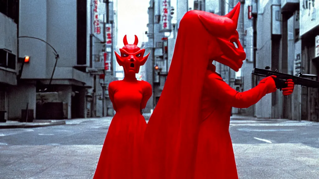 Prompt: a woman in a red dress wearing a red demon mask standing alone on an empty street in downtown Tokyo with a gun, film still from the an anime directed by Katsuhiro Otomo with art direction by Salvador Dalí, wide lens