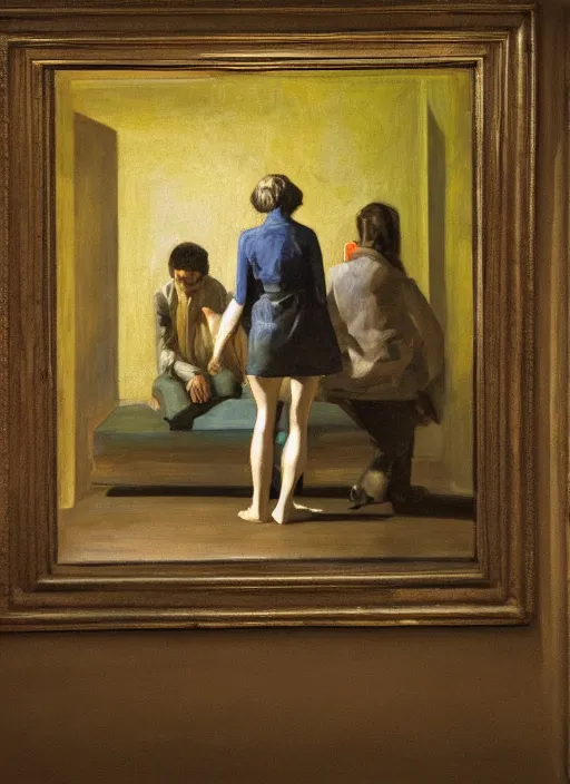 Image similar to a teratomaon a plinth in the middle of a museum room full of people painted by hopper and goya